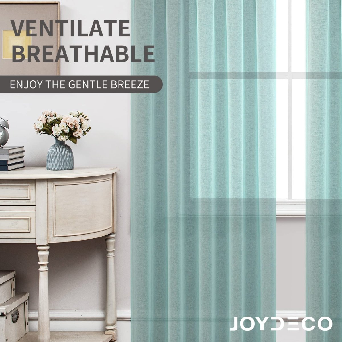 Joydeco teal blue faux linen sheer curtains, two panels shown with airy ambiance, text overlay VENTILATE BREATHABLE.