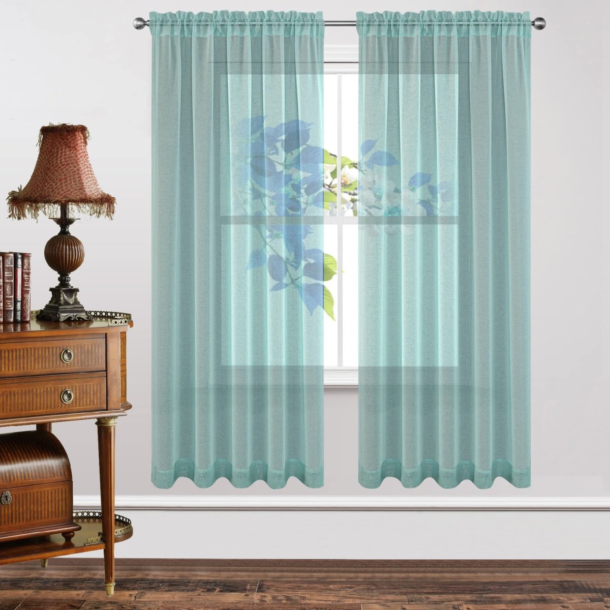 Joydeco Teal Blue Sheer Curtains, two panels with rod pocket, faux linen fabric, shown in a room setting.