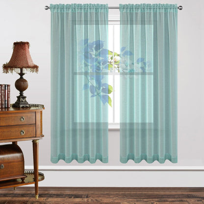 Joydeco Teal Blue Sheer Curtains, two panels with rod pocket, faux linen fabric, shown in a room setting.