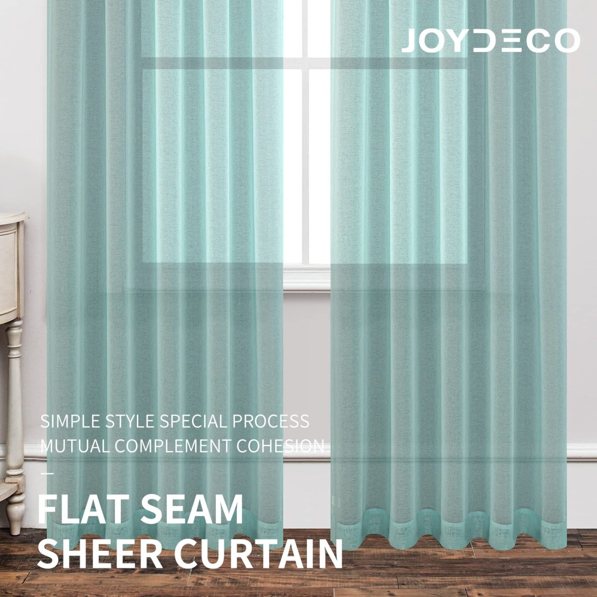 Joydeco teal blue faux linen sheer curtains with flat seams, two panels hanging in a room, allowing natural light.
