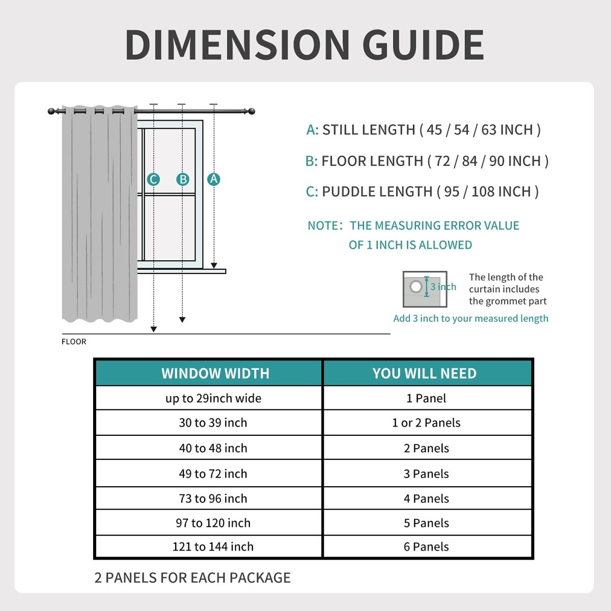 Joydeco sheer curtain dimension guide: Lengths (still, floor, puddle) & quantity per window width. 2 panels per package.