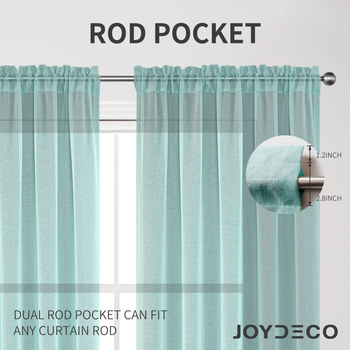 Joydeco teal blue sheer curtains with dual rod pockets, fitting 1.2" and 2.8" curtain rods.