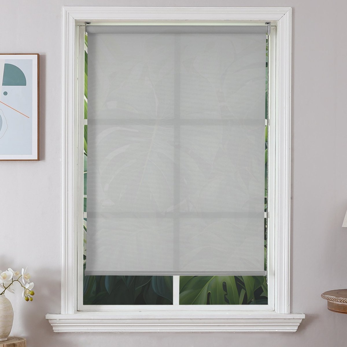 Light gray Joydeco 100% blackout cordless roller shade, striped jacquard, on window.