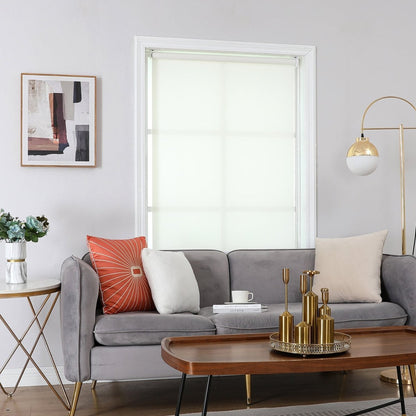 Joydeco cream cordless solar shade with subtle woven texture in modern living room setting.