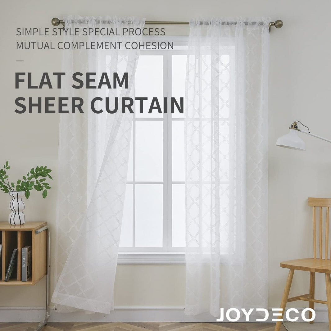 Joydeco white sheer rod pocket curtains with diamond trellis embroidery, faux linen fabric texture.