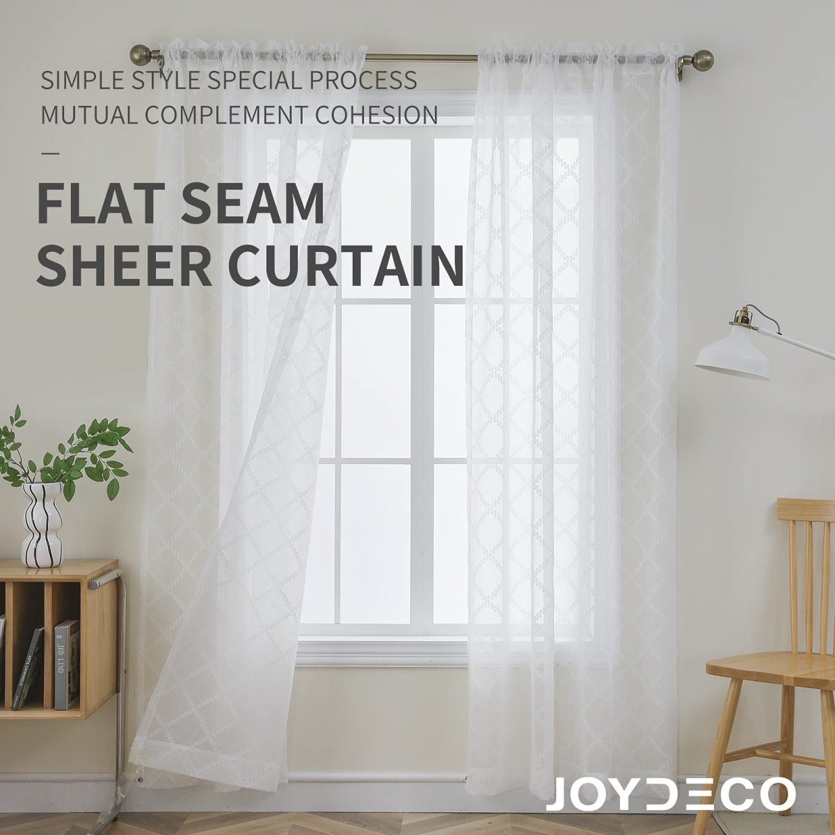 Joydeco white sheer rod pocket curtains with diamond trellis embroidery, faux linen fabric texture.