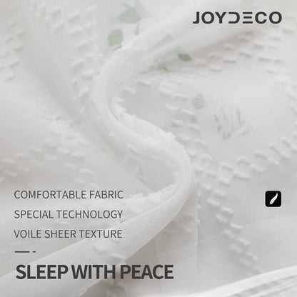 Joydeco white sheer curtains close-up: faux linen fabric texture, trellis embroidery, voile sheer detail.