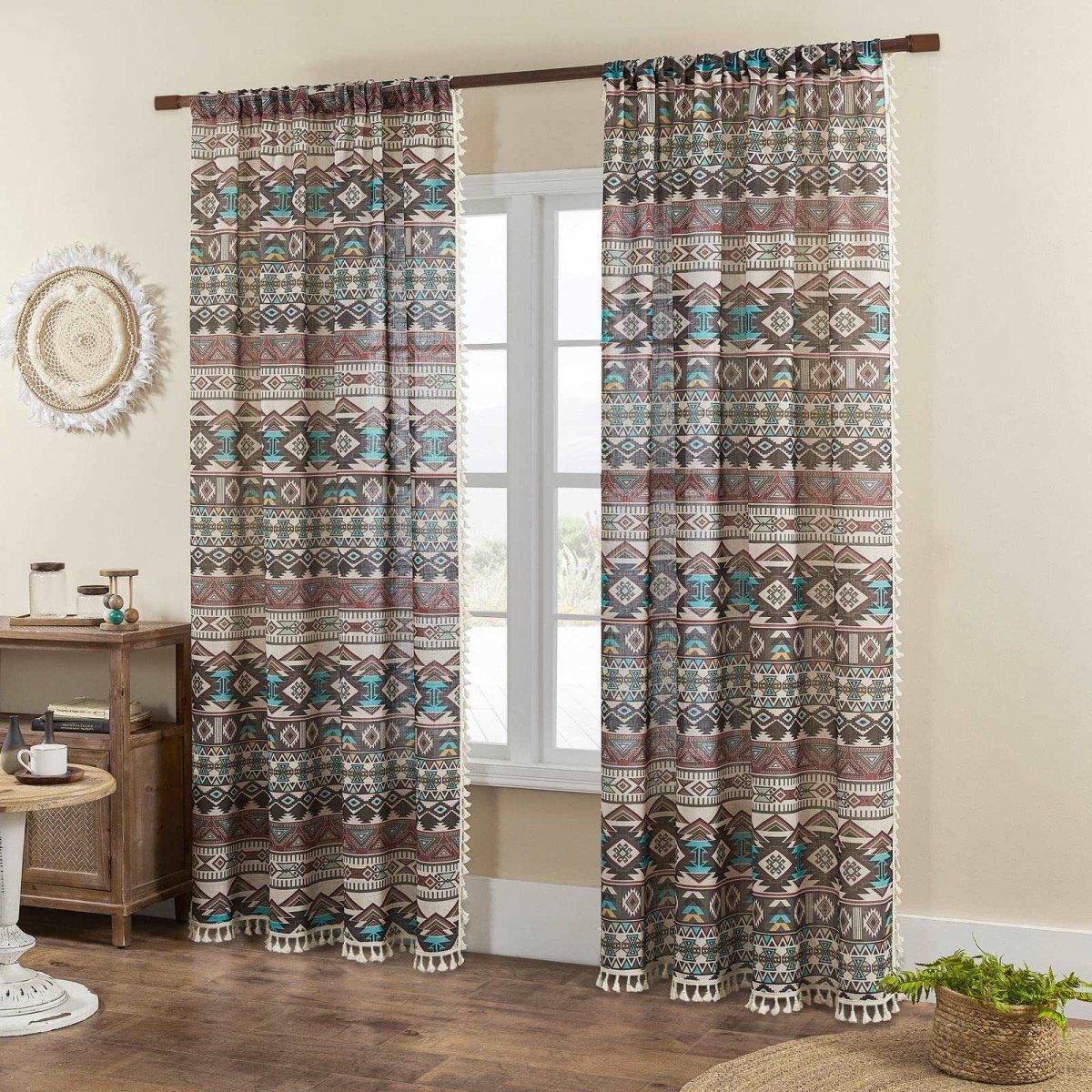 Joydeco Tribal Patterned Bohemian Linen Sheer Curtains with Tassel Trim and Embroidery - 2 Panels - Joydeco