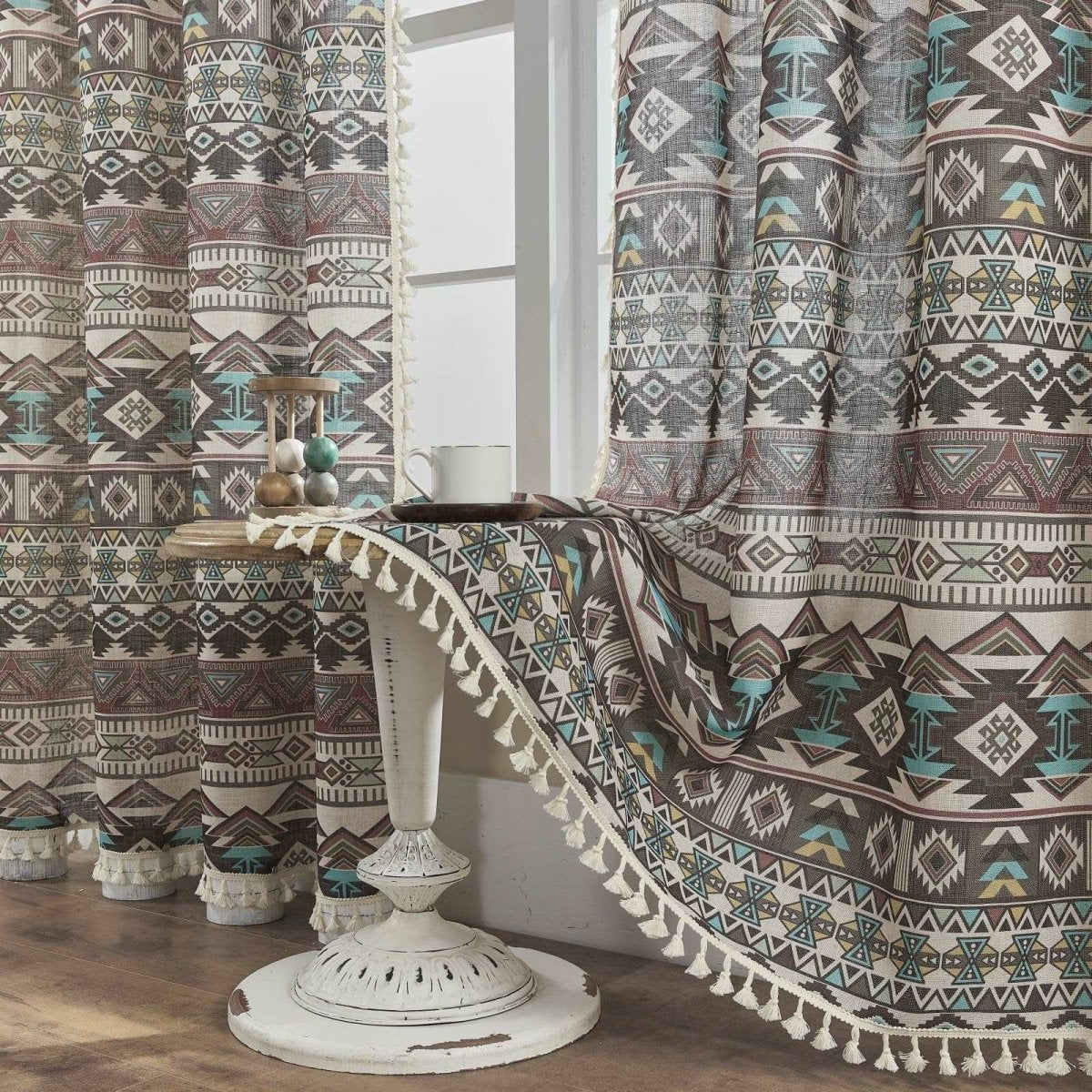 Joydeco Tribal Patterned Bohemian Linen Sheer Curtains with Tassel Trim and Embroidery - 2 Panels - Joydeco