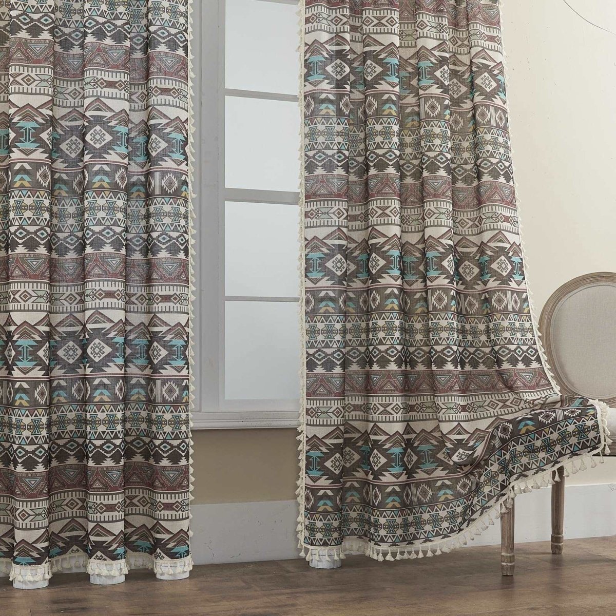 Joydeco Tribal Patterned Bohemian Linen Sheer Curtains with Tassel Trim and Embroidery - 2 Panels - Joydeco