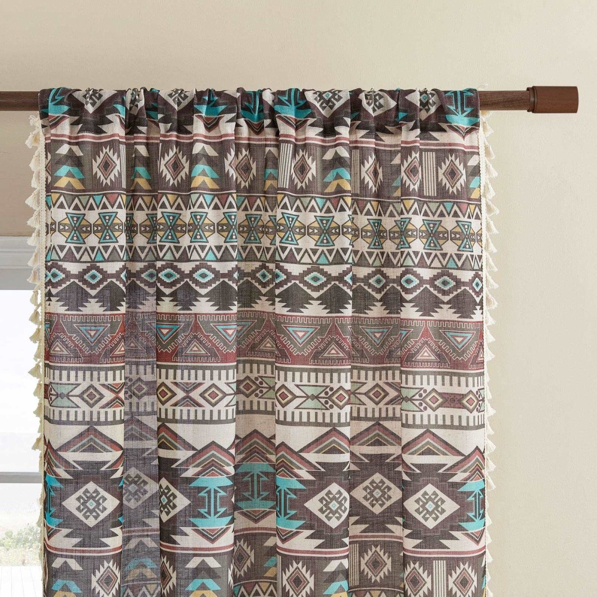 Joydeco Tribal Patterned Bohemian Linen Sheer Curtains with Tassel Trim and Embroidery - 2 Panels - Joydeco