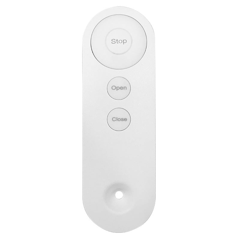 White oval remote control with Stop, Open, Close buttons for smart blinds motor.