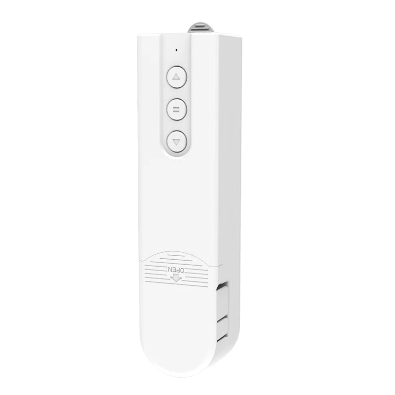 White remote control for Joydeco smart roller blinds with up, stop, and down buttons.