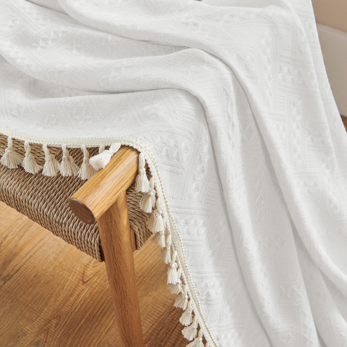 Joydeco White Boho Curtains Country Rustic Linen Sheer Curtains - 2 Panels