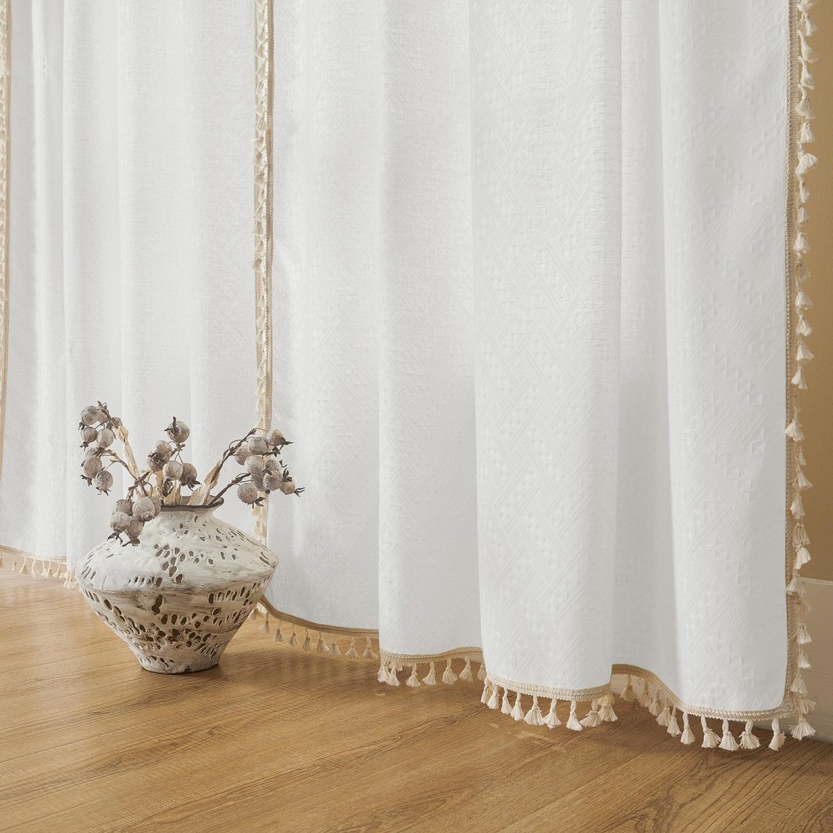 Joydeco White Boho Curtains Country Rustic Linen Sheer Curtains - 2 Panels