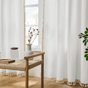 Joydeco White Boho Curtains Country Rustic Linen Sheer Curtains - 2 Panels - Joydeco