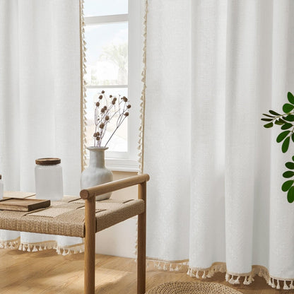 Joydeco White Boho Curtains Country Rustic Linen Sheer Curtains - 2 Panels