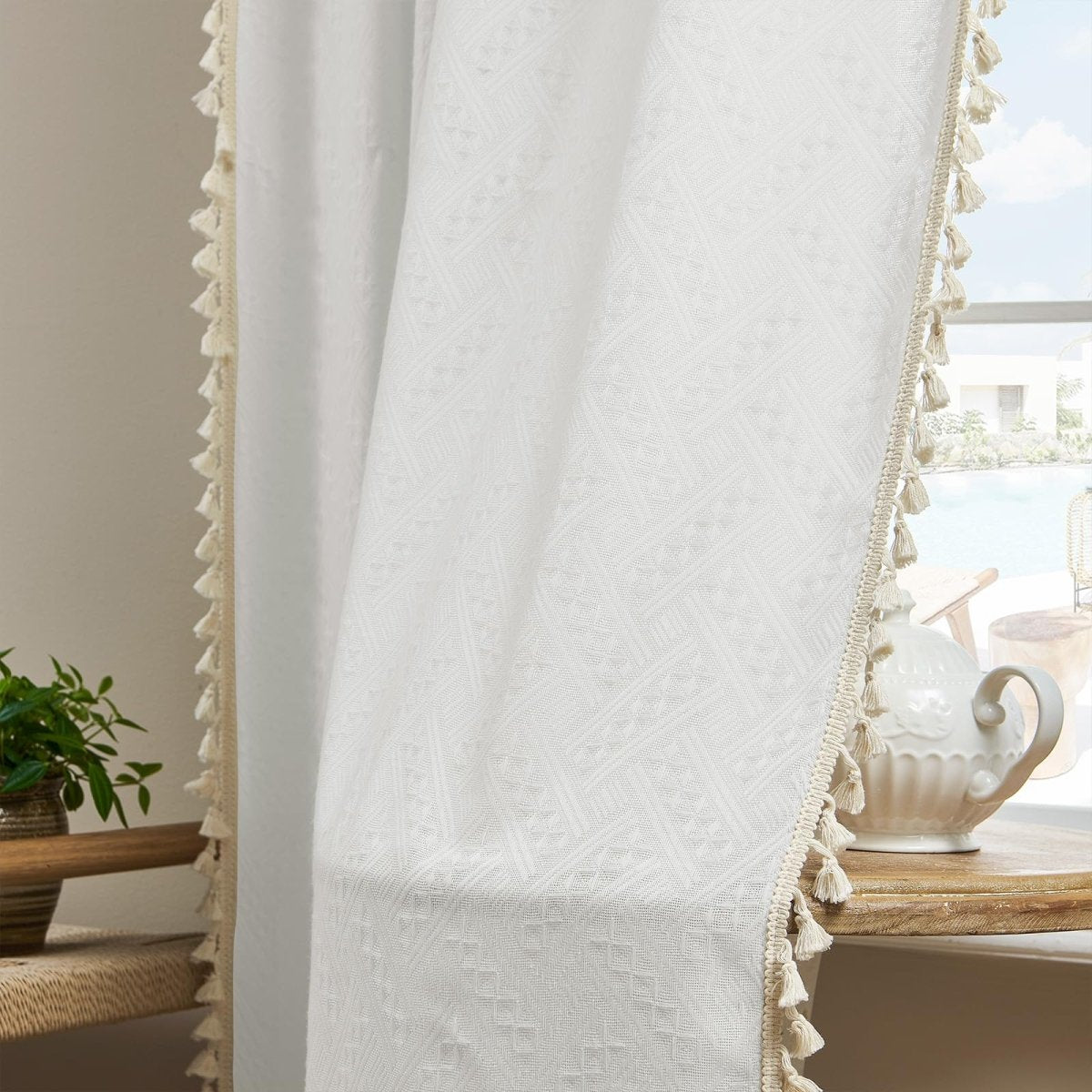 Joydeco White Boho Curtains Country Rustic Linen Sheer Curtains - 2 Panels - Joydeco