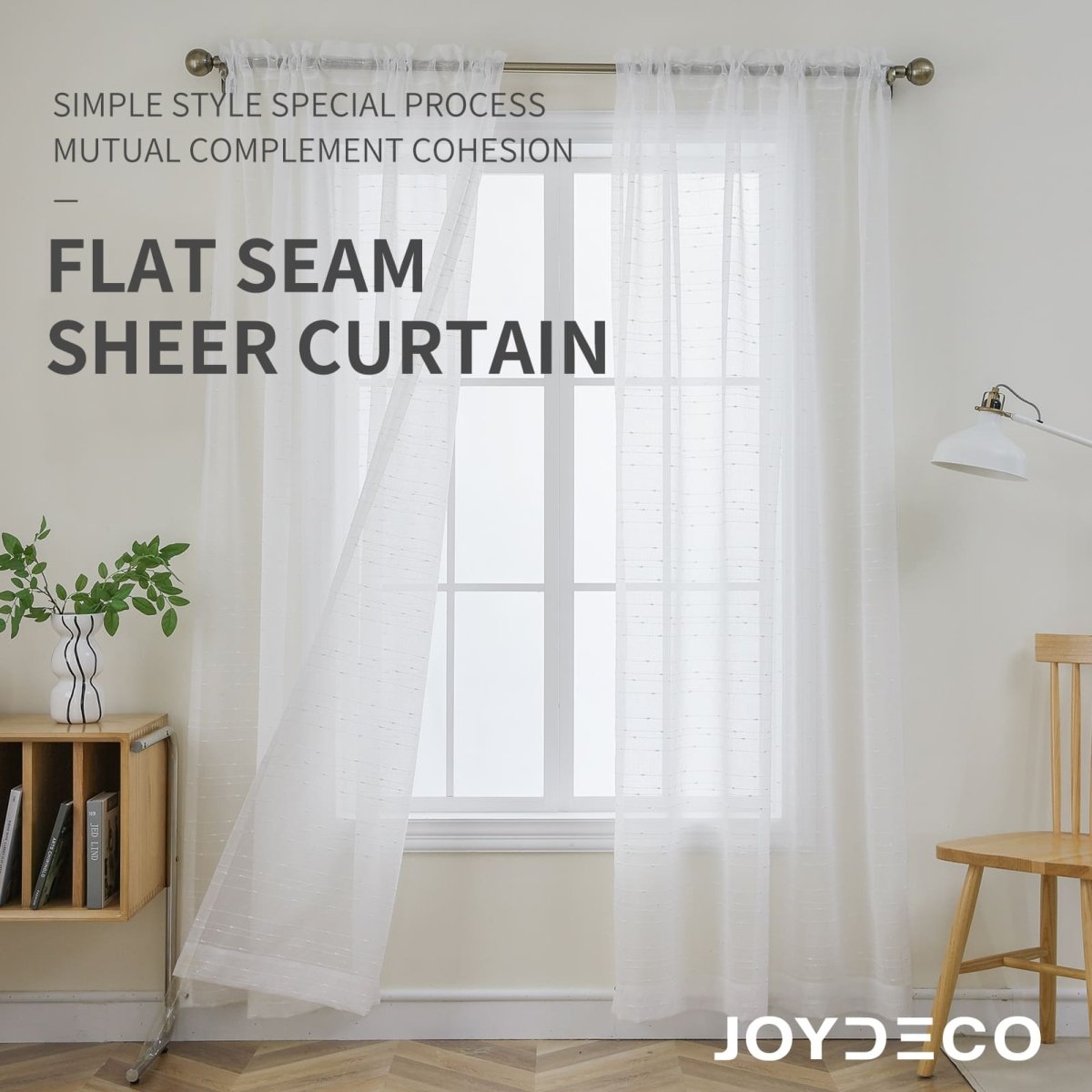 Joydeco white sheer curtains with subtle texture, flat seam, allowing diffused light in a modern room.
