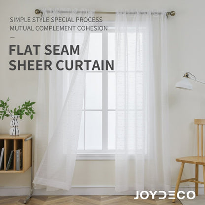 Joydeco white sheer curtains with subtle texture, flat seam, allowing diffused light in a modern room.