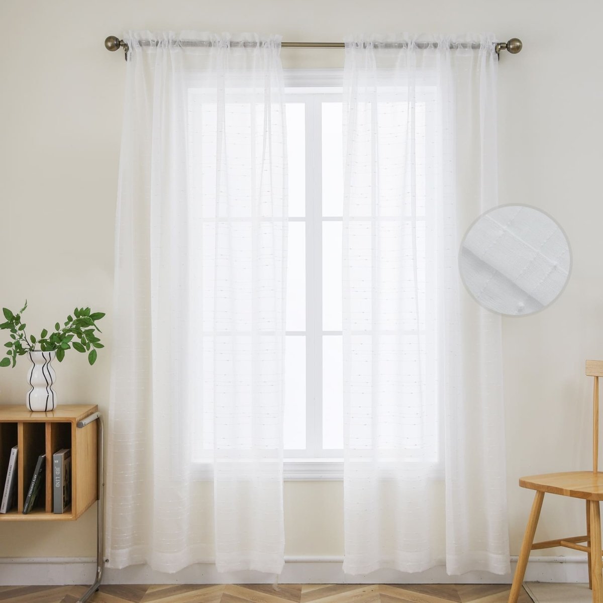 Joydeco white sheer curtains with subtle texture, filtering light for a bright, airy room. Fabric detail inset.