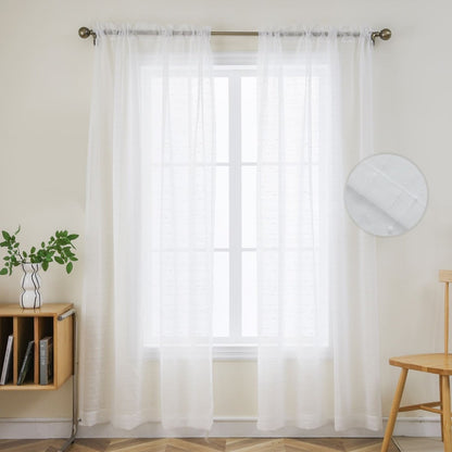 Joydeco white sheer curtains with subtle texture, filtering light for a bright, airy room. Fabric detail inset.