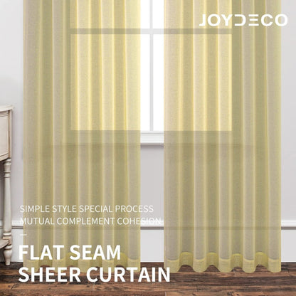 Joydeco light yellow sheer faux linen curtains with elegant diamond embroidery, diffusing sunlight.