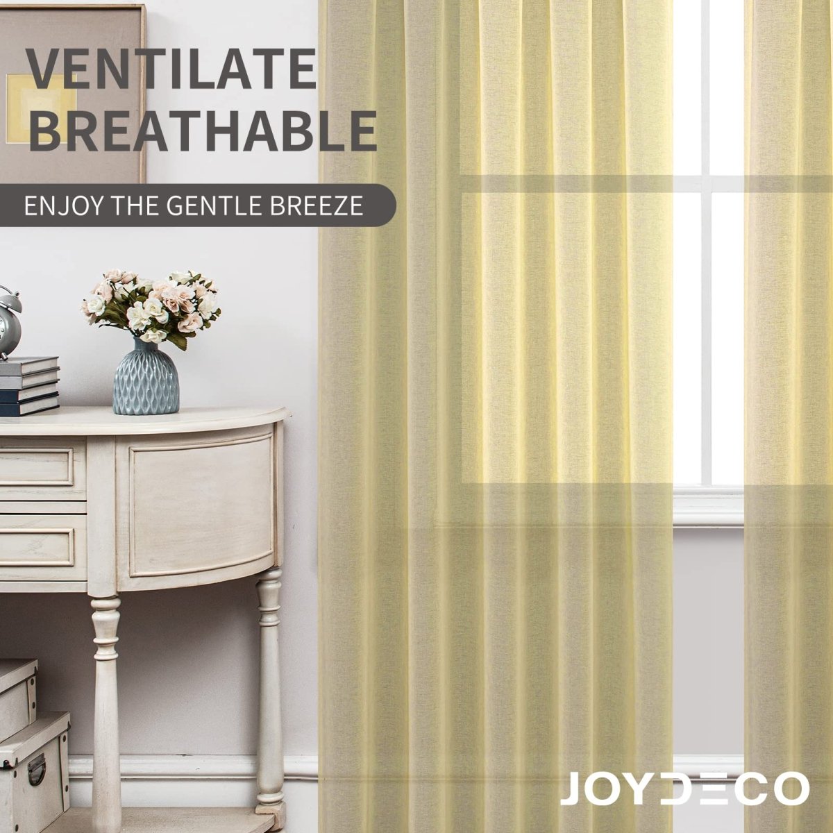 Joydeco light yellow sheer curtains, airy and breathable, with a vase of flowers and text 'VENTILATE BREATHABLE ENJOY THE GENTLE BREEZE'.