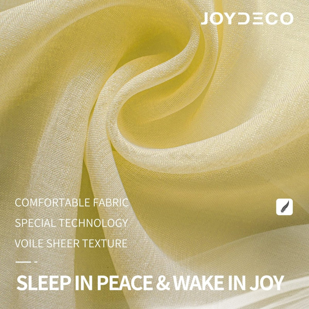 Joydeco yellow sheer curtains close-up, showing soft faux linen fabric texture and voile quality for light and privacy.