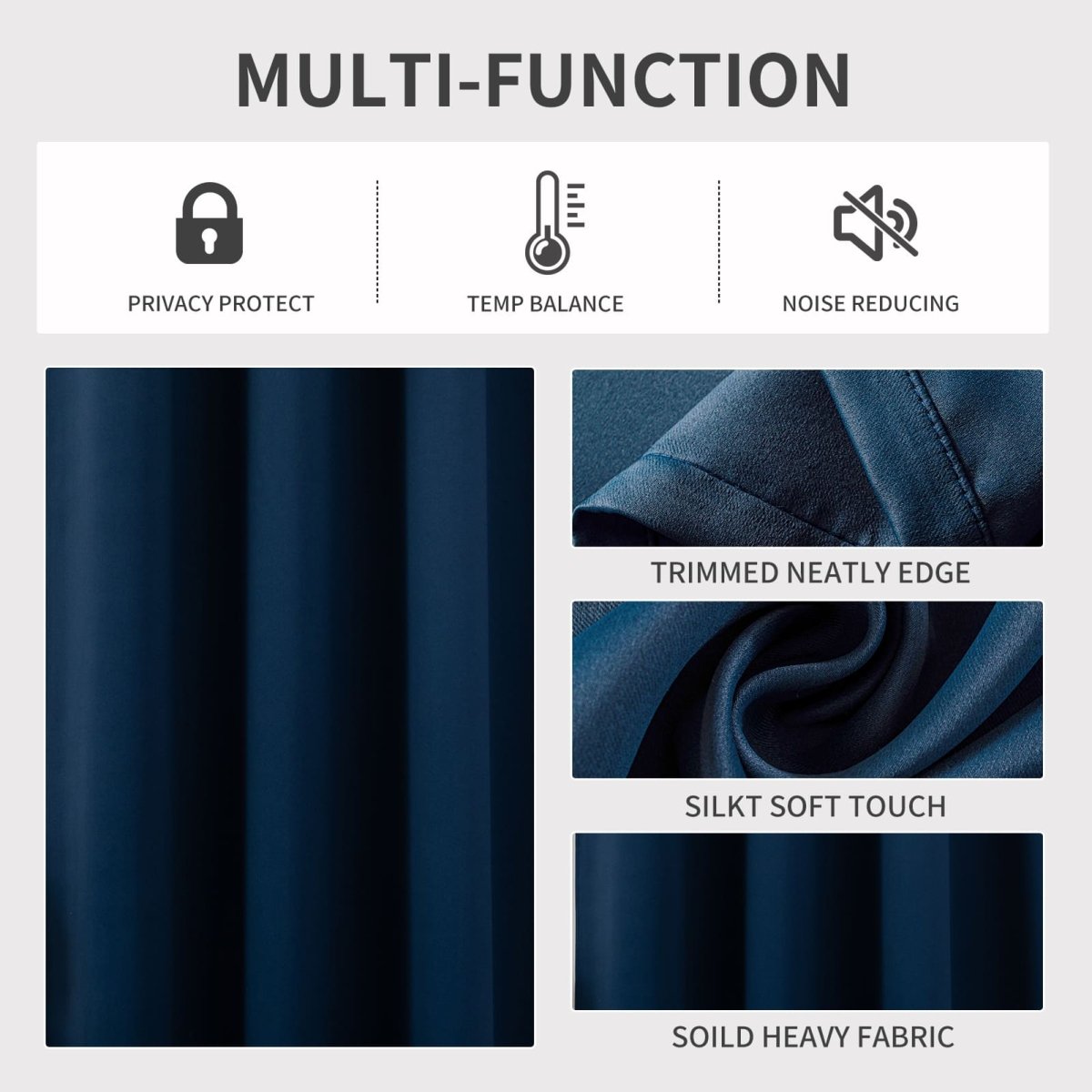 Navy blue blackout curtains: privacy, temp balance, noise reduction, neat edges, soft touch, heavy fabric.