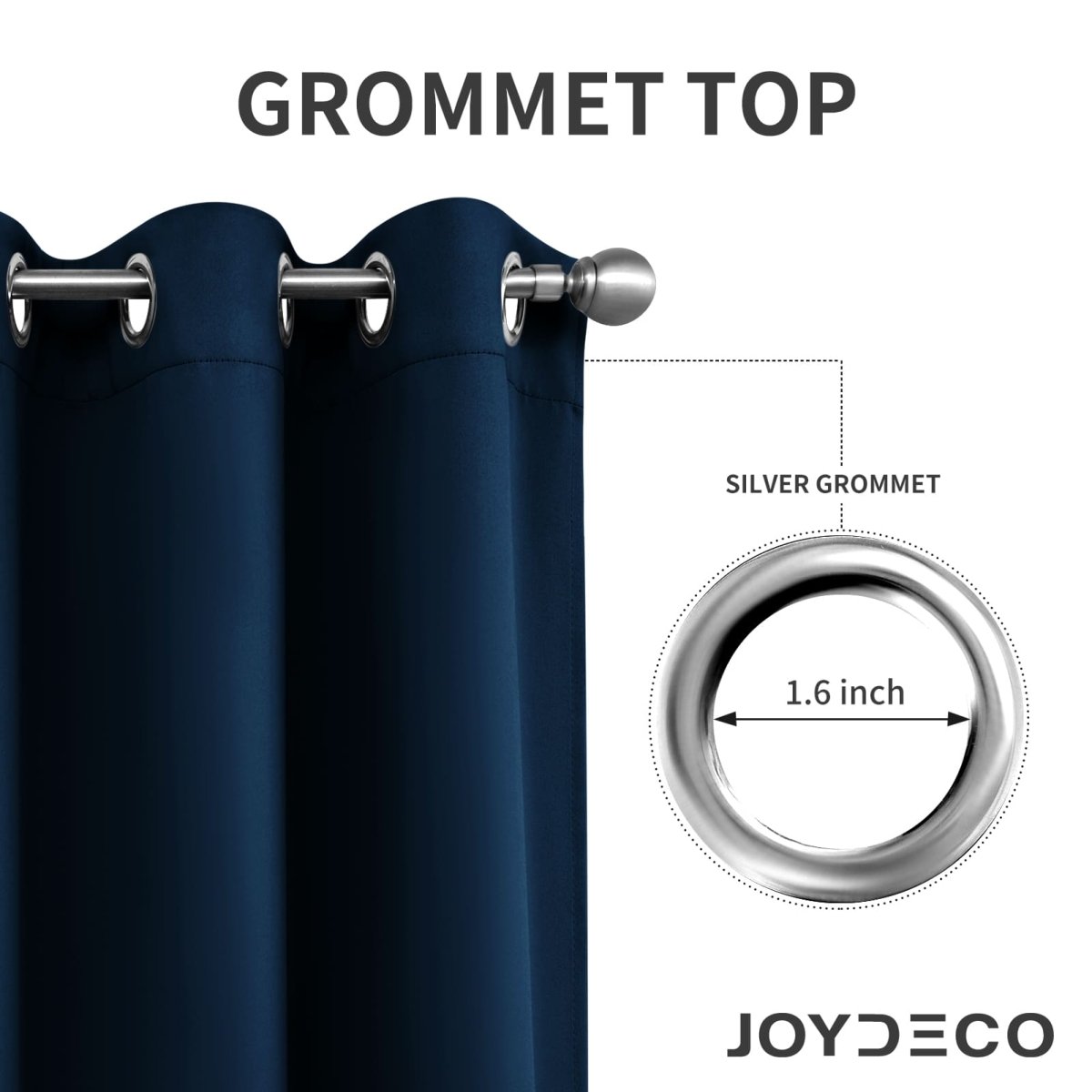 Navy blue blackout curtain with silver grommet detail, 1.6 inch diameter.