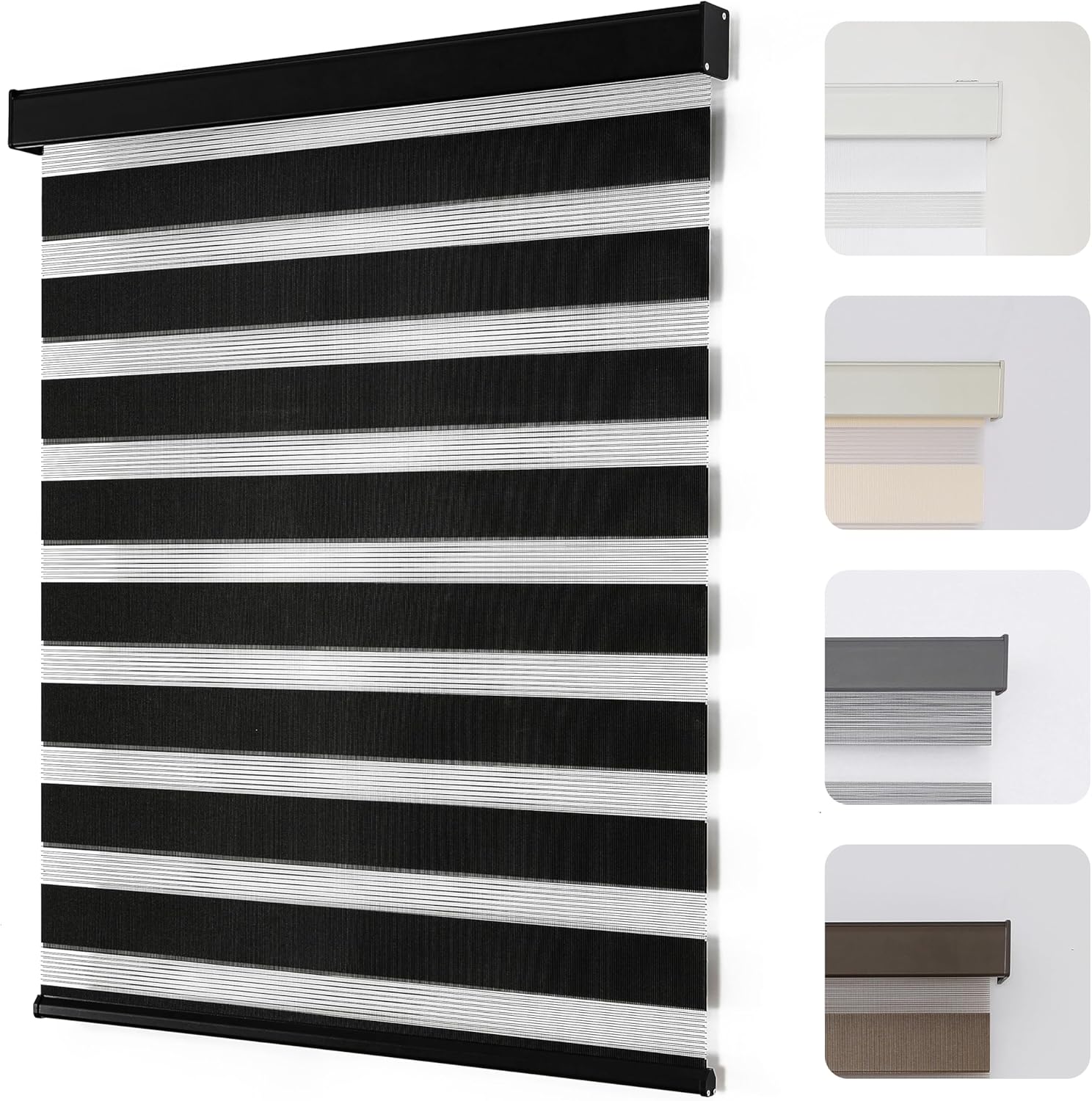 Joydeco Cordless Zebra Blinds for Windows, Dual Layer Light Control Window Blinds with Light-Proof Aluminum Cover, Free-Stop Roller Shades for Home & Office (Black,46" W x 75" H)
