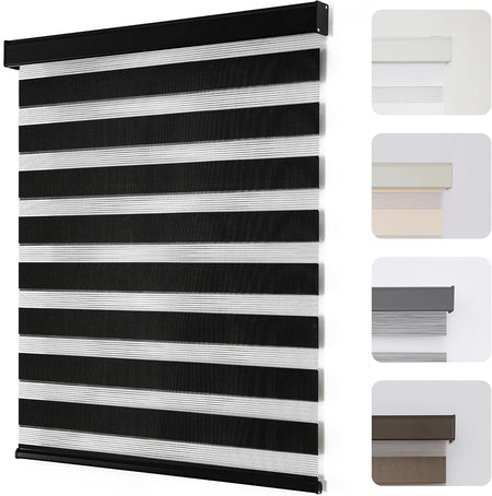 Joydeco Cordless Zebra Blinds for Windows, Dual Layer Light Control Window Blinds with Light-Proof Aluminum Cover, Free-Stop Roller Shades for Home & Office (Black,46" W x 75" H)