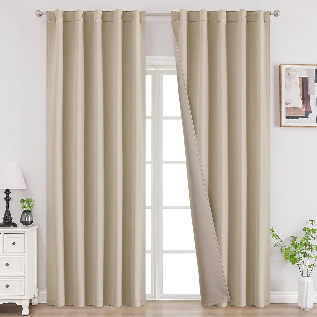 Joydeco Blackout Curtains 96 Inches Long, Thermal Insulated Black Out Curtains 2 Panels Set for Bedroom, Room Darkening Drapes for Living Room Window (W52 x L96 Inch, Light Beige)