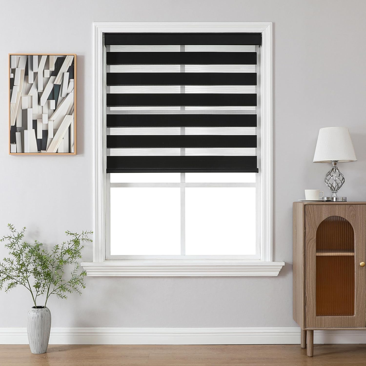 Joydeco Cordless Zebra Blinds for Windows, Dual Layer Light Control Window Blinds with Light-Proof Aluminum Cover, Free-Stop Roller Shades for Home & Office (Black,46" W x 75" H)