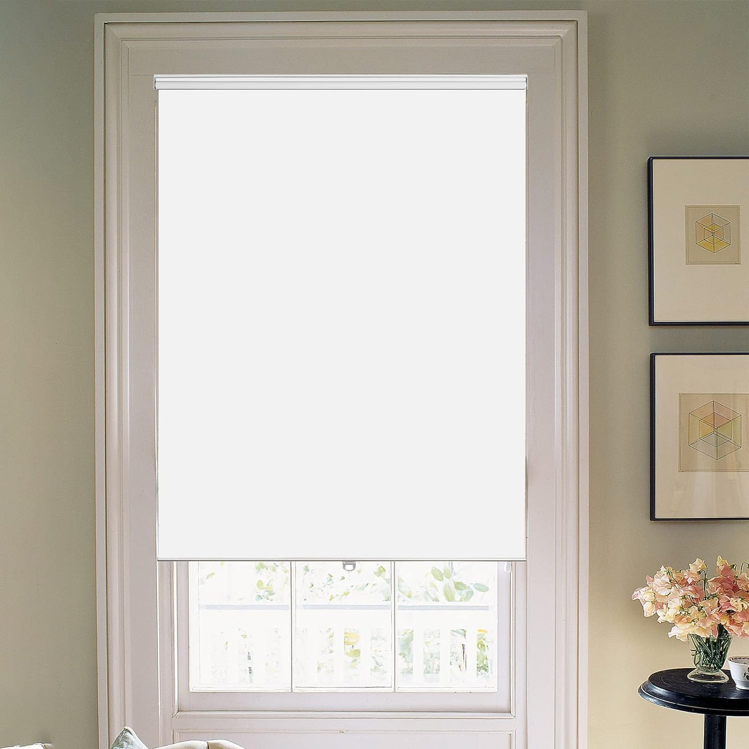 Joydeco 60 Inches Wide Cordless Blackout Window White Fabric Blinds and Shades for Indoor Outdoor Windows Light Blocking Sun Protection (60x 75)