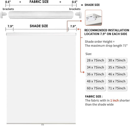 Joydeco 60 Inches Wide Cordless Blackout Window White Fabric Blinds and Shades for Indoor Outdoor Windows Light Blocking Sun Protection (60x 75)