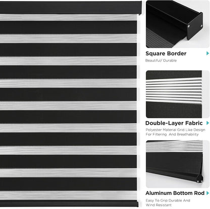 Joydeco Cordless Zebra Blinds for Windows, Dual Layer Light Control Window Blinds with Light-Proof Aluminum Cover, Free-Stop Roller Shades for Home & Office (Black,46" W x 75" H)