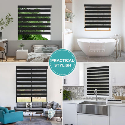 Joydeco Cordless Zebra Blinds for Windows, Dual Layer Light Control Window Blinds with Light-Proof Aluminum Cover, Free-Stop Roller Shades for Home & Office (Black,46" W x 75" H)