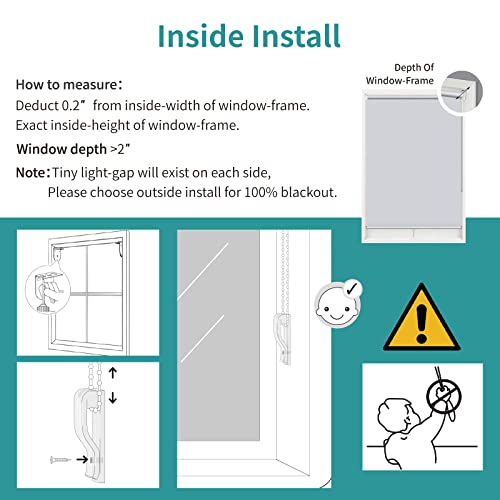 Joydeco blackout roller shade: inside mount guide, measurements, brackets, and child safety warnings.