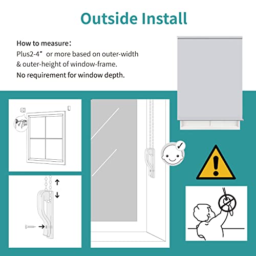 Joydeco light beige blackout roller shade outside install diagram with safety guide.