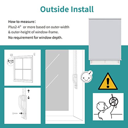 Joydeco light beige blackout roller shade outside install diagram with safety guide.