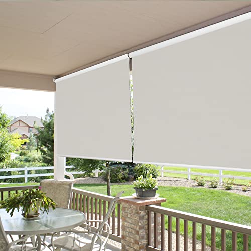 Joydeco light beige blackout roller shades on outdoor patio, providing shade and privacy. Patio furniture in foreground.