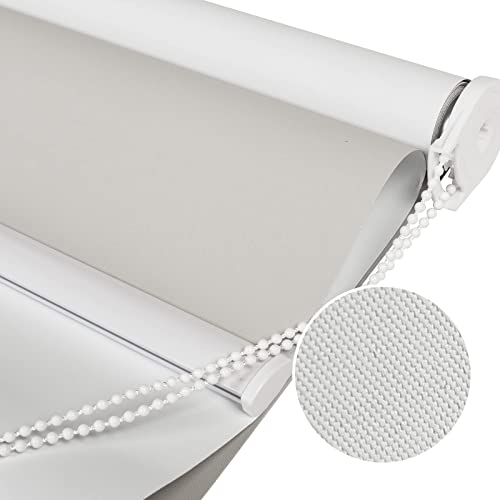 Joydeco light beige blackout roller shade with white bead chain & aluminum rod. Fabric texture detail shown.
