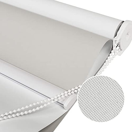 Joydeco light beige blackout roller shade with white bead chain & aluminum rod. Fabric texture detail shown.