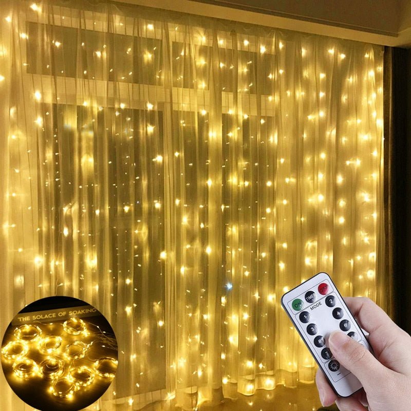 Warm white LED curtain string lights draped on sheer curtains, with remote control. Inset shows coiled fairy lights.