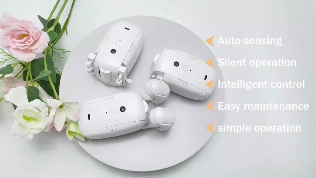 Three white smart curtain robots with open arms on a plate, highlighting auto-sensing and silent operation features.