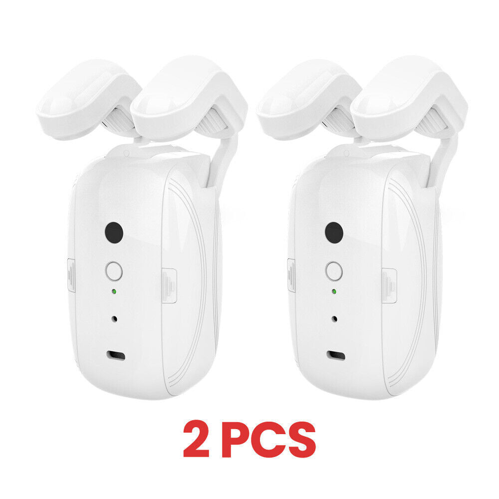 Two white smart curtain openers with dual arms, charging port, indicator lights, 2 PCS pack.