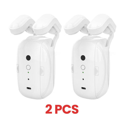 Two white smart curtain openers with dual arms, charging port, indicator lights, 2 PCS pack.