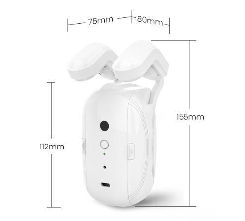 White Wifi curtain robot opener with dimensions 75x80x112x155mm, featuring dual arms and USB port.